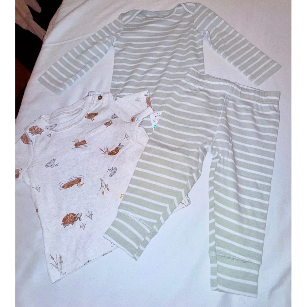 Carter's Outfit Set Kids 6-9M Green White NEW Striped Animal Print‎ 3pc